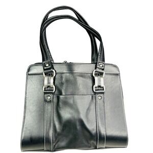 Perlina New York Black Leather Satchel Shoulder Handbag Tote Purse Y2K